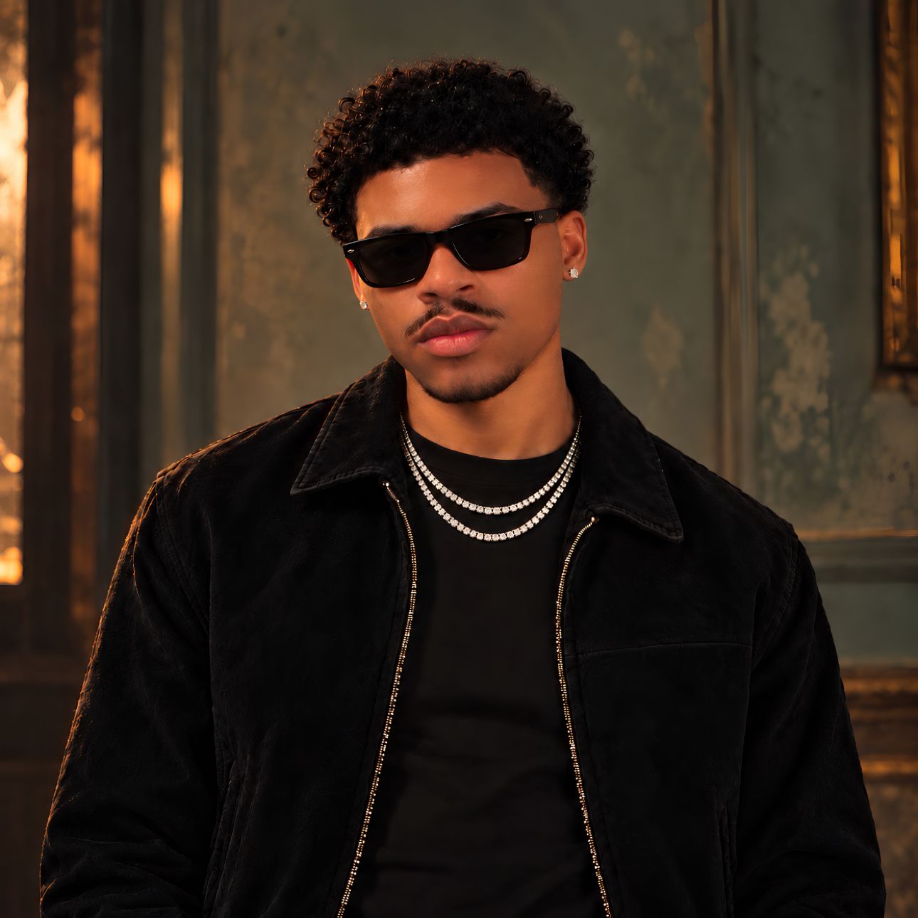 QAMAZI wearing black sunglasses, a black jacket, and two silver tennis chains against a warm vintage interior