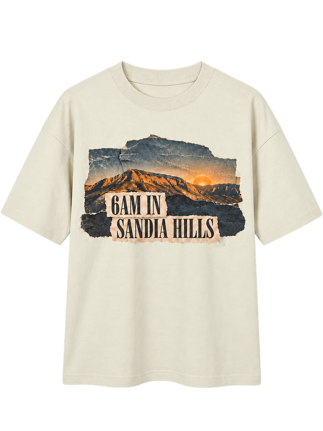 Cream relaxed-fit Sandia Hills tee with the mountain collage and title printed on the front only